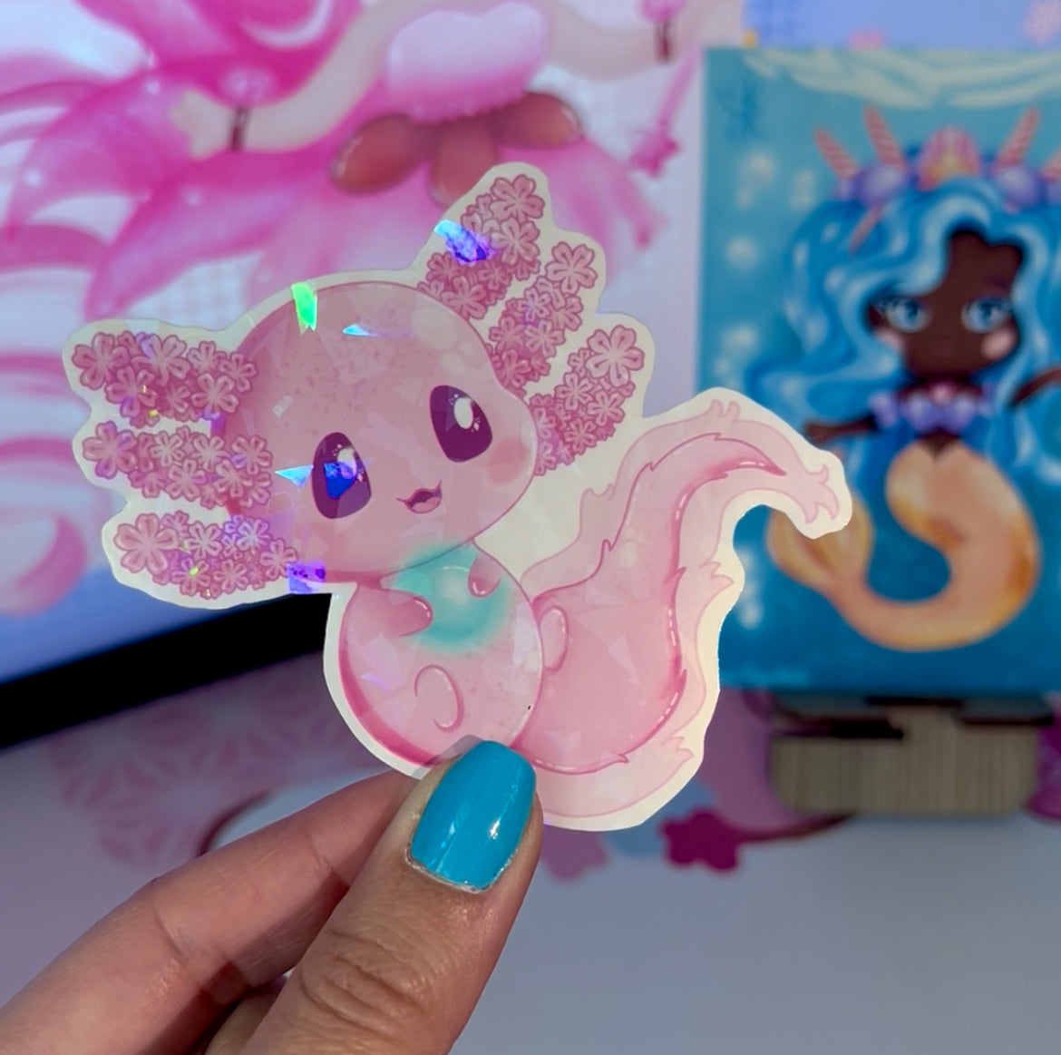 Sakura Axolotl Holo Sticker